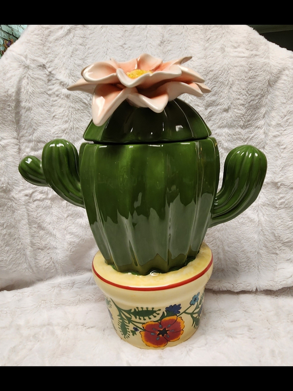 Cracker Barrel Green Cactus Cookie Jar with Peach Flower